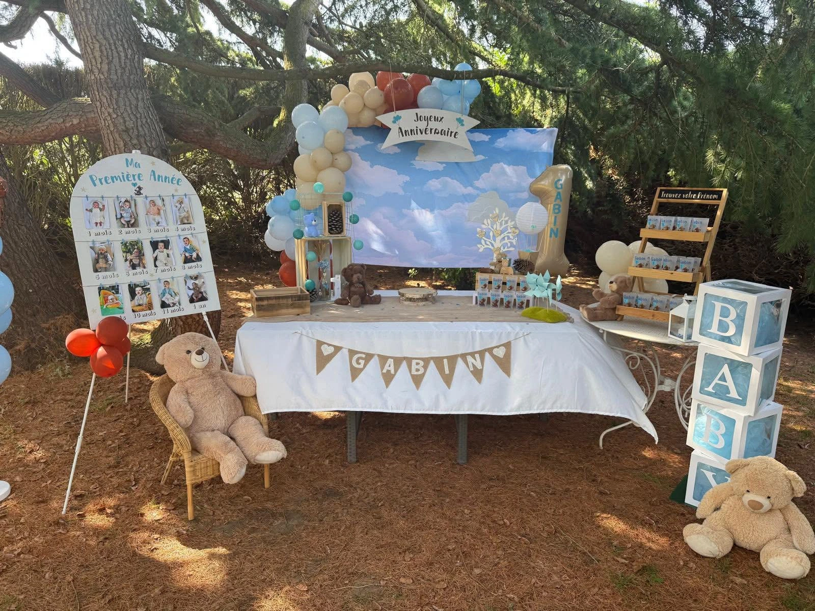 A couple standing side-by-side, holding hands, at a gender reveal party, with blue and pink balloons in the background.